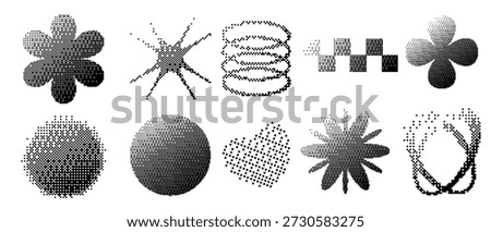 Set of trendy Y2K dithered pixel elements. Abstract bitmap shapes including heart, star, and geometric icons. Retro halftone effect for cyberpunk and techno designs. Creative monochrome vector