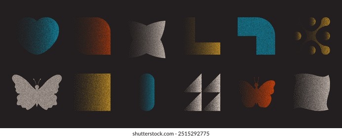 Conjunto de Elementos y2k de moda con efecto de fotocopia retro. Textura granulada con ruido de Vector
