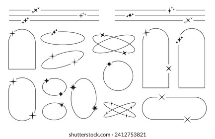 Set von angesagten y2k-Bildern. Kollektion von horizontalen Dividern, Bogen, Oval, Ellipse, Kreisformen mit funkelnden und funkelnden Symbolen. Boho dekorative Elemente. Vintage-Ornamente. Vektorgrafik