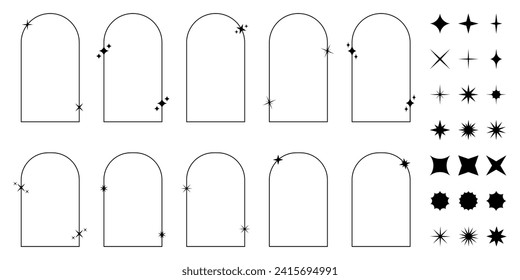 Set of trendy y2k frames. Collection of aesthetic arch shapes with twinkle and sparkle icons. Boho decorative elements in 80s 90s style. Vintage ornaments. Stars symbols. Vector outline illustration