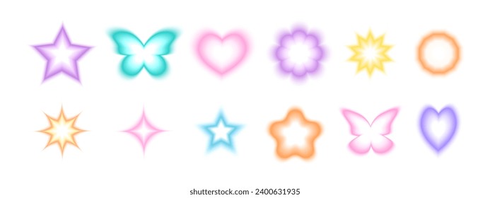 Set of trendy y2k stickers with gradient aura effect. Cute star, sparkle, flower, butterfly, heart shapes in neon, holographic, blurry style isolated on white background. Vector illustration