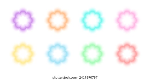 Set of trendy y2k stickers with gradient aura effect. Cute colorful flower shapes in holographic blurry style isolated on white background. Vector illustration.