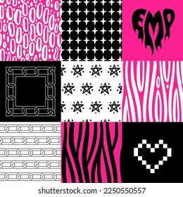 Conjunto de modernos fondos emo de estilo y2k. Afiches psicodélicos al estilo de los años 90. Cadenas, líneas distorsionadas y patrón de píxeles con corazón. Tarjeta gráfica retro de los años 00 Templados en blanco, negro y rosa