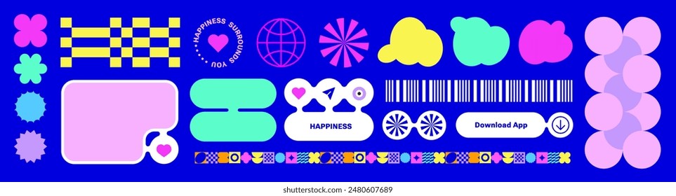 Set of Trendy Y2k Web Design elements, Funny stickers, bold shape. Web blocks, buttons concept. web shapes with trendy Y2k elements. Trending brick Ui UX template. Colorful retro empty sticker