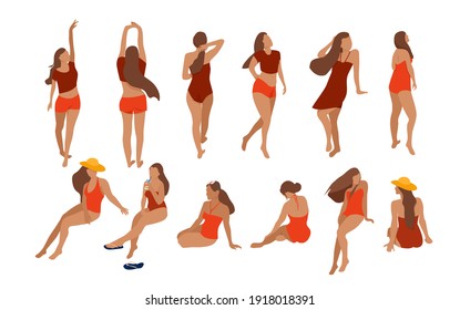 Set of trendy young women in swimwear.Beach collection.Females in different poses.Girls walk,sunbathe,sit or stand.Various summer clothes design.Vector in flat style.