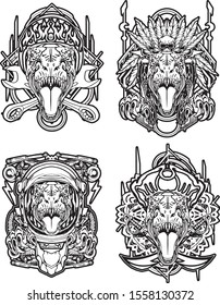 Set Of T-Rex black and white. T-Rex biker , chief , astronaut , pirate  with mandala and sacred geometry background