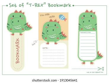 Conjunto de marcadores T-rex para impresión y corte. Marcador de dinosaurio lindo y diseño vectorial imprimible con notas de papel. 