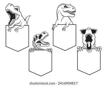 Set of t-rex in a T-shirt pocket. Collection of funny dinosaurs looking out of a clothing pocket. Cool Tyrannosaurus. Vector illustration for children.