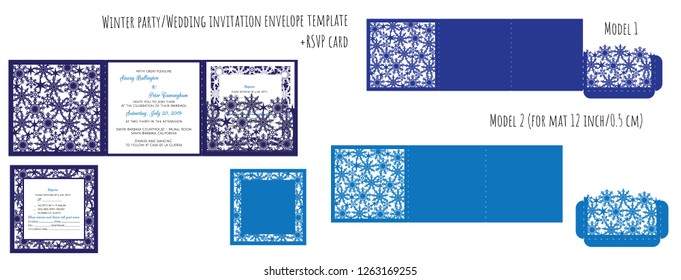 Set tri fold square winter wedding or Christmas/New Year party  invitation envelope card + RSVP card template with snowflakes lace for paper plotter machine/laser cut

