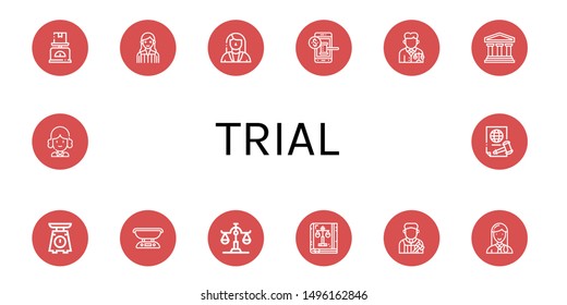 Set of trial icons such as Scale, Judge, Lawyer, Auction, Legal, Law book, Justice , trial