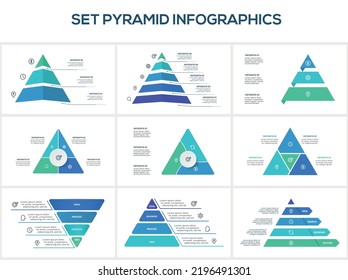 Set triangle with 3, 4, 5, 6 elements, infographic template for web, business, presentations, vector illustration. Business data visualization.