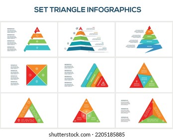 Set triangle with 3, 4, 5, elements, infographic template for web, business, presentations, vector illustration. Business data visualization.