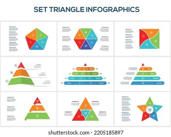 Set triangle with 4, 5, 6, 8 elements, infographic template for web, business, presentations, vector illustration. Business data visualization.