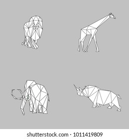Set of triangle animals in black and white colors on gray background.Elephant,giraffe,lion and rhino.