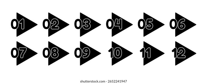 Set of triangle black and white icons of numbers from 1 to 12. Bullet Point, Circle Number flat symbols with editable outline. Font for labels, markers and infographics. Vector illustration on white b