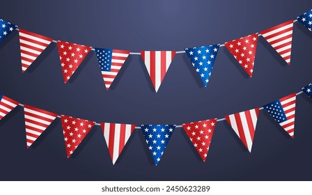 set of triangle bunting flags in american national flag USA presidential election concept horizontal