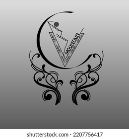 set of triangle confined mountain logo designs with abstract floral motif isolated gray and white gradient background