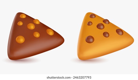 Set of triangle cookies with chocolate in realistic glossy 3d style. Bright cute dessert vector illustration.