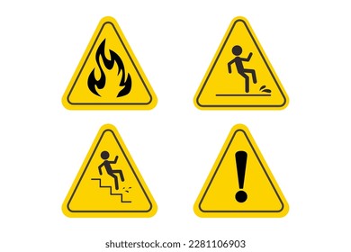 Fijar el signo de peligro triangular Líquido inflamable, harina húmeda, señales de escalera aisladas en fondo blanco.