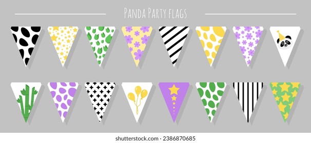 Set of triangle, flags templates for paper garland. Decoration for kid's birthday party. Children's party with pandas. Isolated on gray background.