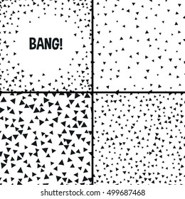 Set of triangle geometric backgrounds. Vector illustration for modern abstract design. Explosion burst bang confetti. Black white color. Brochure poster template.