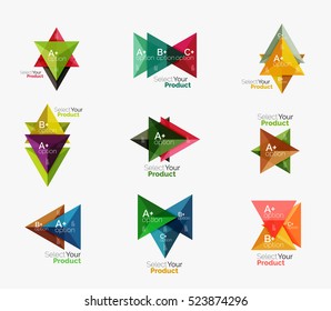 Set of triangle geometric business infographic templates. Elements of business brochure, info presentation background and web design navigation. Select your product concept, make a choice idea
