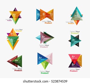 Set of triangle geometric business infographic templates. Elements of business brochure, info presentation background and web design navigation. Select your product concept, make a choice idea