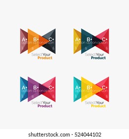 Set of triangle geometric business infographic templates. Elements of business brochure, info presentation background and web design navigation. Select your product concept, make a choice idea