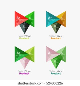 Set of triangle geometric business infographic templates. Elements of business brochure, info presentation background and web design navigation. Select your product concept, make a choice idea