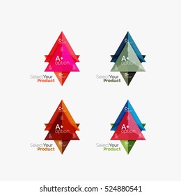 Set of triangle geometric business infographic templates. Elements of business brochure, info presentation background and web design navigation. Select your product concept, make a choice idea