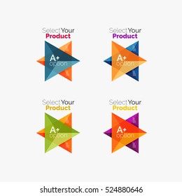 Conjunto de plantillas de infografía de negocios geométricas de triángulo. Elementos del folleto comercial, antecedentes de presentación de información y navegación de diseño web. Seleccione su concepto de producto, elija una idea