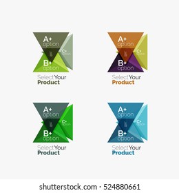 Set of triangle geometric business infographic templates. Elements of business brochure, info presentation background and web design navigation. Select your product concept, make a choice idea