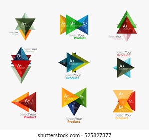 Set of triangle geometric business infographic templates. Elements of business brochure, info presentation background and web design navigation. Select your product concept, make a choice idea