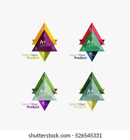 Conjunto de plantillas de infografía de negocios geométricas de triángulo. Elementos del folleto comercial, antecedentes de presentación de información y navegación de diseño web. Seleccione su concepto de producto, elija una idea