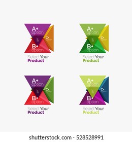 Conjunto de plantillas de infografía de negocios geométricas de triángulo. Elementos del folleto comercial, antecedentes de presentación de información y navegación de diseño web. Seleccione su concepto de producto, elija una idea