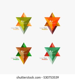 Set of triangle geometric business infographic templates. Elements of business brochure, info presentation background and web design navigation. Select your product concept, make a choice idea