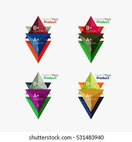 Set of triangle geometric business infographic templates. Elements of business brochure, info presentation background and web design navigation. Select your product concept, make a choice idea