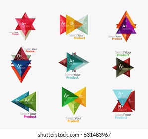 Set of triangle geometric business infographic templates. Elements of business brochure, info presentation background and web design navigation. Select your product concept, make a choice idea