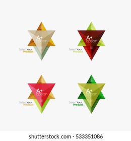 Conjunto de plantillas de infografía de negocios geométricas de triángulo. Elementos del folleto comercial, antecedentes de presentación de información y navegación de diseño web. Seleccione su concepto de producto, elija una idea