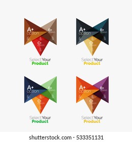 Set of triangle geometric business infographic templates. Elements of business brochure, info presentation background and web design navigation. Select your product concept, make a choice idea