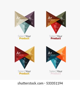 Set of triangle geometric business infographic templates. Elements of business brochure, info presentation background and web design navigation. Select your product concept, make a choice idea