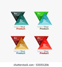 Set of triangle geometric business infographic templates. Elements of business brochure, info presentation background and web design navigation. Select your product concept, make a choice idea