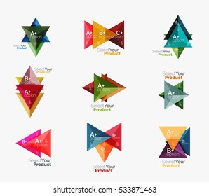 Set of triangle geometric business infographic templates. Elements of business brochure, info presentation background and web design navigation. Select your product concept, make a choice idea
