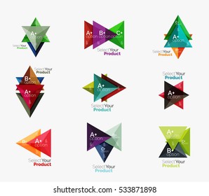 Conjunto de plantillas de infografía de negocios geométricas de triángulo. Elementos del folleto comercial, antecedentes de presentación de información y navegación de diseño web. Seleccione su concepto de producto, elija una idea