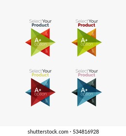 Conjunto de plantillas de infografía de negocios geométricas de triángulo. Elementos del folleto comercial, antecedentes de presentación de información y navegación de diseño web. Seleccione su concepto de producto, elija una idea