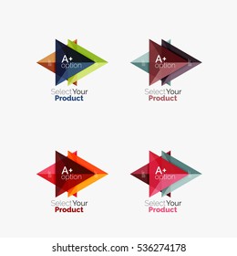 Conjunto de plantillas de infografía de negocios geométricas de triángulo. Elementos del folleto comercial, antecedentes de presentación de información y navegación de diseño web. Seleccione su concepto de producto, elija una idea