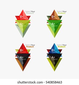 Conjunto de plantillas de infografía de negocios geométricas de triángulo. Elementos del folleto comercial, antecedentes de presentación de información y navegación de diseño web. Seleccione su concepto de producto, elija una idea