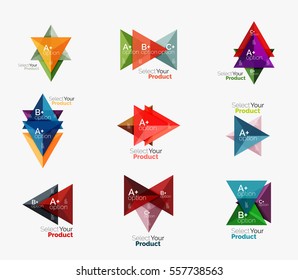 Set of triangle geometric business infographic templates. Elements of business brochure, info presentation background and web design navigation. Select your product concept, make a choice idea