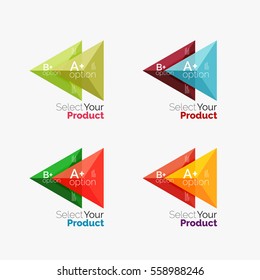 Set of triangle geometric business infographic templates. Elements of business brochure, info presentation background and web design navigation. Select your product concept, make a choice idea