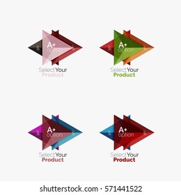 Set of triangle geometric business infographic templates. Elements of business brochure, info presentation background and web design navigation. Select your product concept, make a choice idea